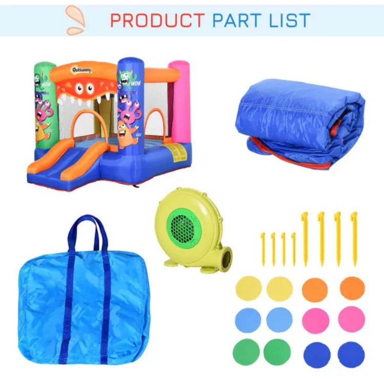 Outsunny Kids Bounce Bouncy Castle House Inflatable Trampoline Slide Basket With Inflator For Kids Age 3-12 Monster Design  Multi-Colour