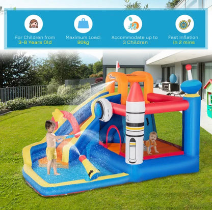 5 in 1 Kids Bounce Bouncy Castle Large Water Space Style Inflatable House Slide Trampoline Pool Water Gun Climbing Wall  Inflator + Carrybag for Kids Age 3-8