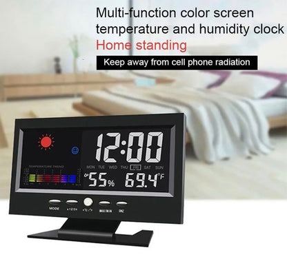 LCD Colour Screen Digital Backlight Snooze Alarm Clock Weather Forecast Station Indoor Temperature Humidity Time Date Display With Alerts For Home Office Room Table Desktop