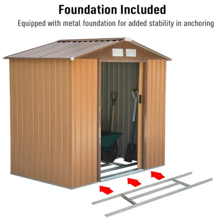 Outsunny Lockable Garden Shed Large Patio Tool Metal Storage Building Foundation Sheds Box Outdoor Furniture (9Ft X 6Ft, Khaki)