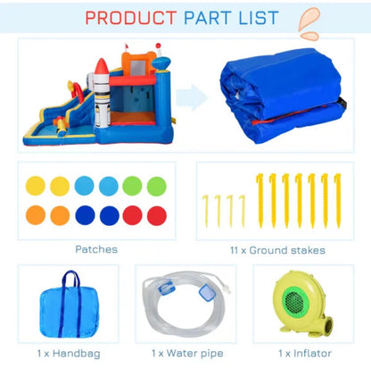 5 in 1 Kids Bounce Bouncy Castle Large Water Space Style Inflatable House Slide Trampoline Pool Water Gun Climbing Wall  Inflator + Carrybag for Kids Age 3-8