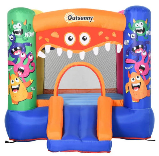 Outsunny Kids Bounce Bouncy Castle House Inflatable Trampoline Slide Basket With Inflator For Kids Age 3-12 Monster Design  Multi-Colour