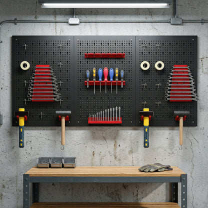Wall-Mounted Steel Pegboard Tool Storage Set | 28pc | 3 Boards | 50kg | Black & Red | Garage & Workshop