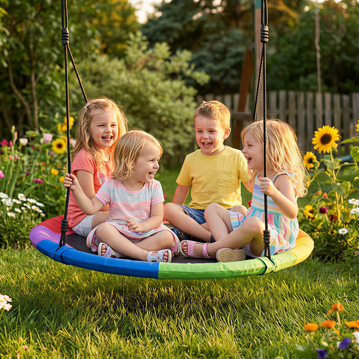 Kids Tree Saucer Swing 120cm – 300kg Capacity, Fits 4 Children, Adjustable Ropes, Tree Straps & Carabiners, Washable Oxford Fabric, EN71 Tested, Ages 3–8