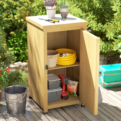 Compact Fir Wood Garden Storage Cupboard | Galvanised Metal Top | 2-Tier Shelf | Metal Clasp Door | 7.5cm Raised Feet | 45x45x85cm | Patio & Balcony | Light Brown