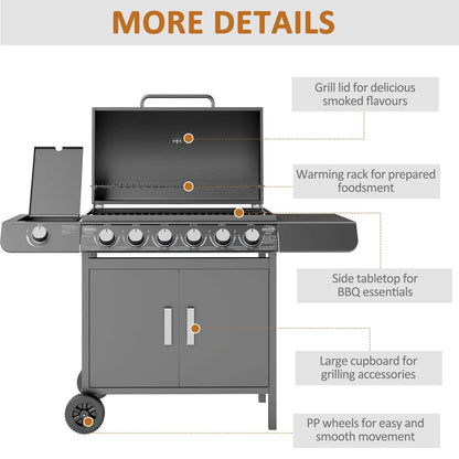 6+1 Burner Gas BBQ Grill, Outdoor Barbecue Trolley with Wheels, Warming Rack, Side Shelves, Cabinet, Thermometer for Garden, Party, Camping