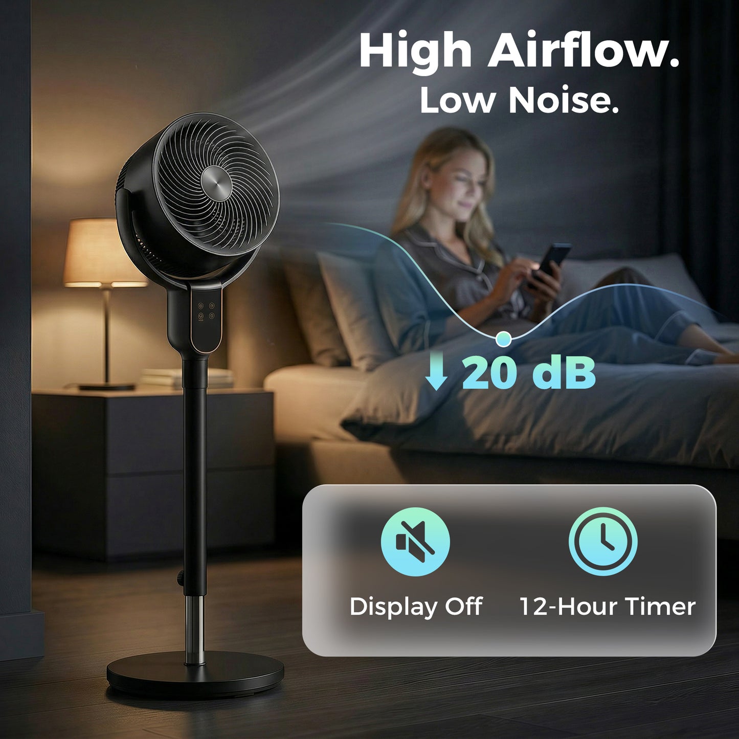 Pedestal Standing Fan | Turbo Mode | 20dB Sleep Mode | 8 Speeds | 16m³/min Airflow | 90° Oscillation | Aromatherapy Pad | Detachable Washable Grill | 5m Remote | 12H Timer | 50W | 83-107cm | Black