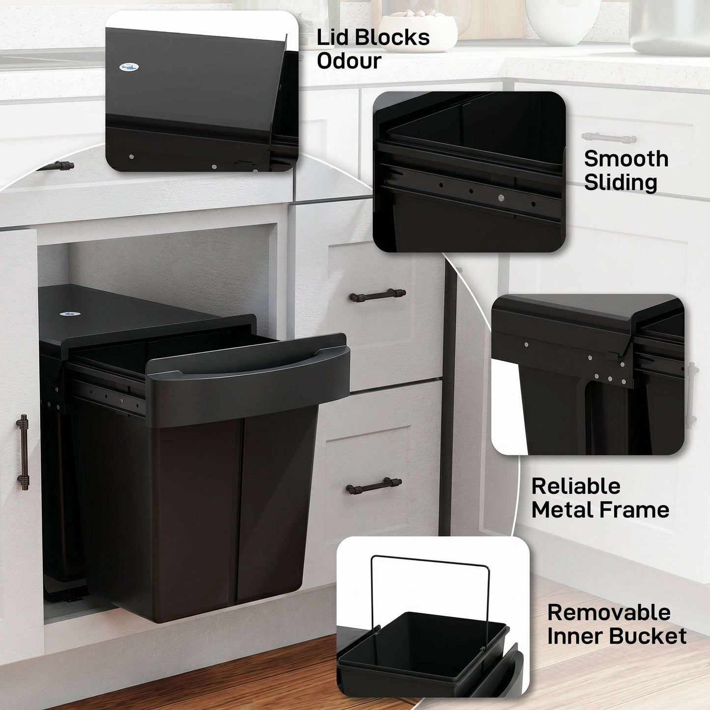 Under-Sink Pull-Out Kitchen Bin | Dual 20L Compartments 40L Total | Damped Smooth-Glide Runners | Frosted Lid Doubles as Shelf | Removable Buckets with Handles | Steel Frame | Pre-Assembled | 52x33.5x41cm | Black