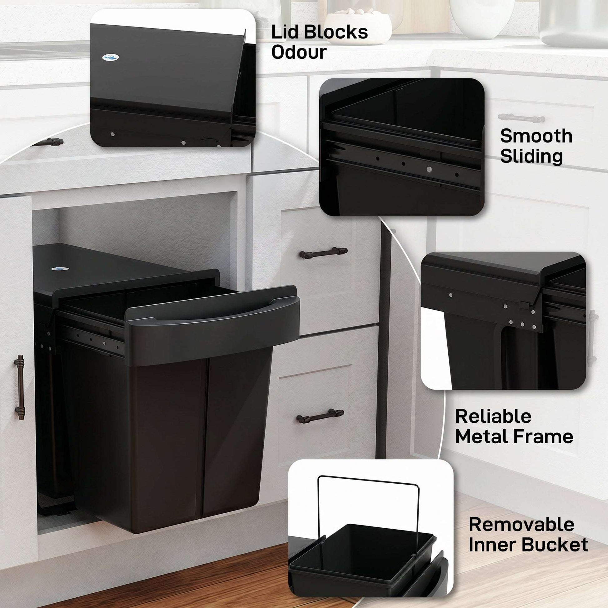 Under-Sink Pull-Out Kitchen Bin | Dual 20L Compartments 40L Total | Damped Smooth-Glide Runners | Frosted Lid Doubles as Shelf | Removable Buckets with Handles | Steel Frame | Pre-Assembled | 52x33.5x41cm | Black