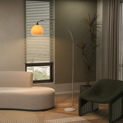 Floor Lamp | Curved Head | Round Shade | Marble Base | Electroplated Nickel Finish | E27 | Foot Switch | 180cm | 40W | White
