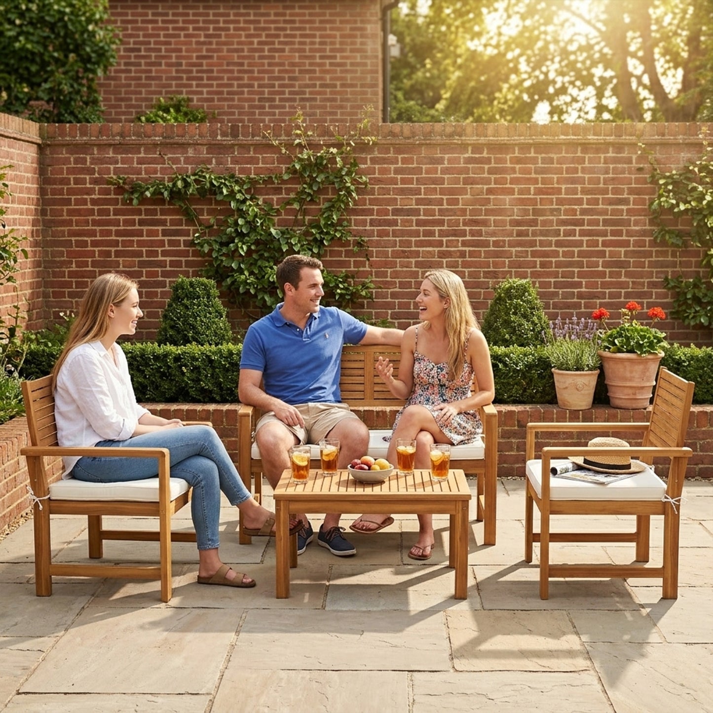 4-Piece Acacia Wood Garden Sofa Set | Loveseat, 2 Armchairs & Table | Cream White Cushions