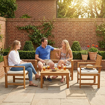 4-Piece Acacia Wood Garden Sofa Set | Loveseat, 2 Armchairs & Table | Cream White Cushions