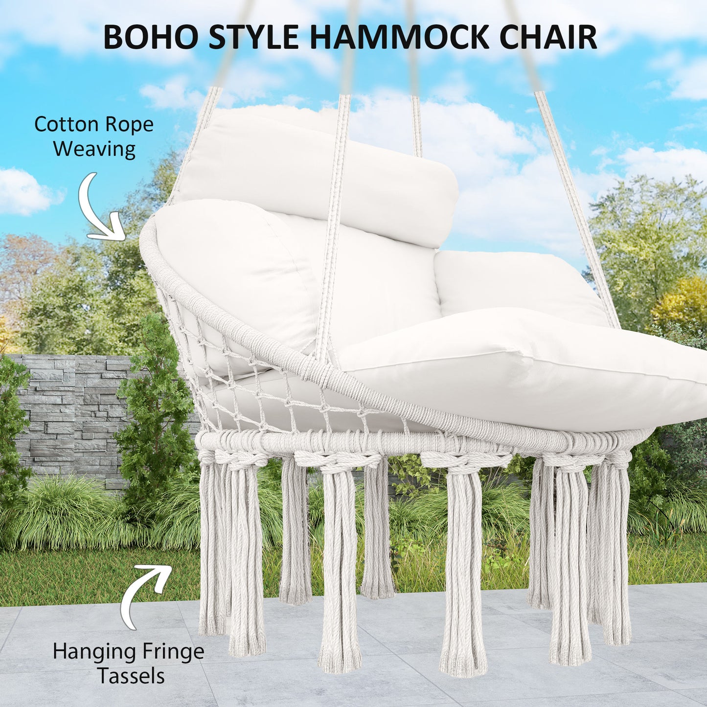 Hanging Chair Indoor Outdoor Hammock Chair with Soft Cushion, Cotton Rope Boho Style Swing Chair, Hanging Garden Swing Seat Cream White