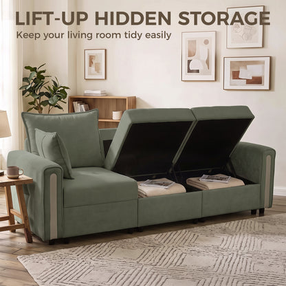 3-Seater Velvet Sofa with Lift-Up Storage | 228Wx68Dx88H cm | 190cm Wide Seat | 15cm Seat Cushion | 20cm Back Cushion | 15cm Arms | Multilayer Board & Metal Frame | 360kg | Living Room | Dark Green