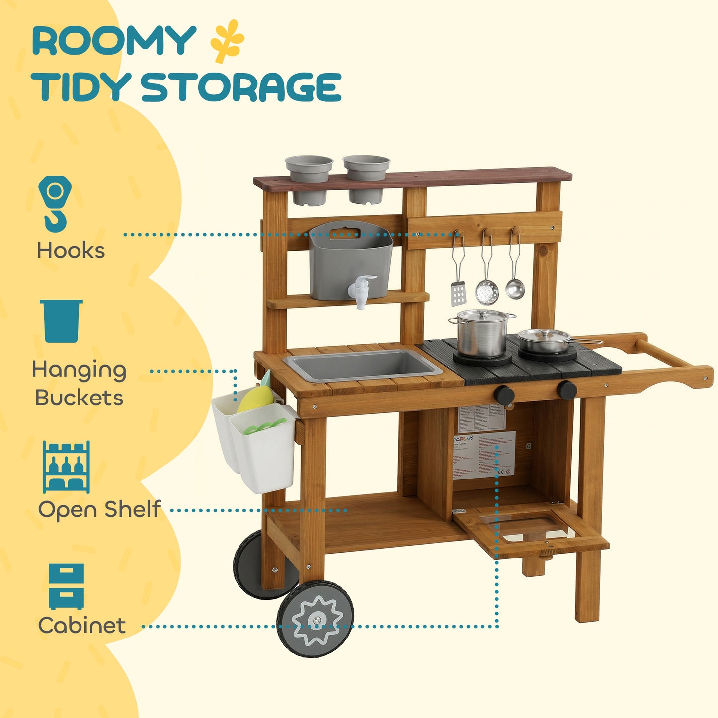 Children's Wooden Mud Kitchen with Wheels – Running Water Tap, Stove, Flower Pots & 12 Stainless Steel Accessories, Ages 3–6