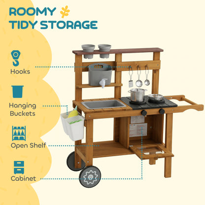 Children's Wooden Mud Kitchen with Wheels – Running Water Tap, Stove, Flower Pots & 12 Stainless Steel Accessories, Ages 3–6