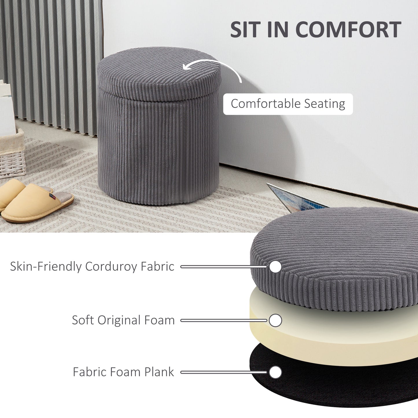 40cm Round Storage Ottoman, Corduroy Footstool with Removable Lid and Legs, Vanity Stool for Living Room, Bedroom, Grey