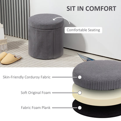 40cm Round Storage Ottoman, Corduroy Footstool with Removable Lid and Legs, Vanity Stool for Living Room, Bedroom, Grey
