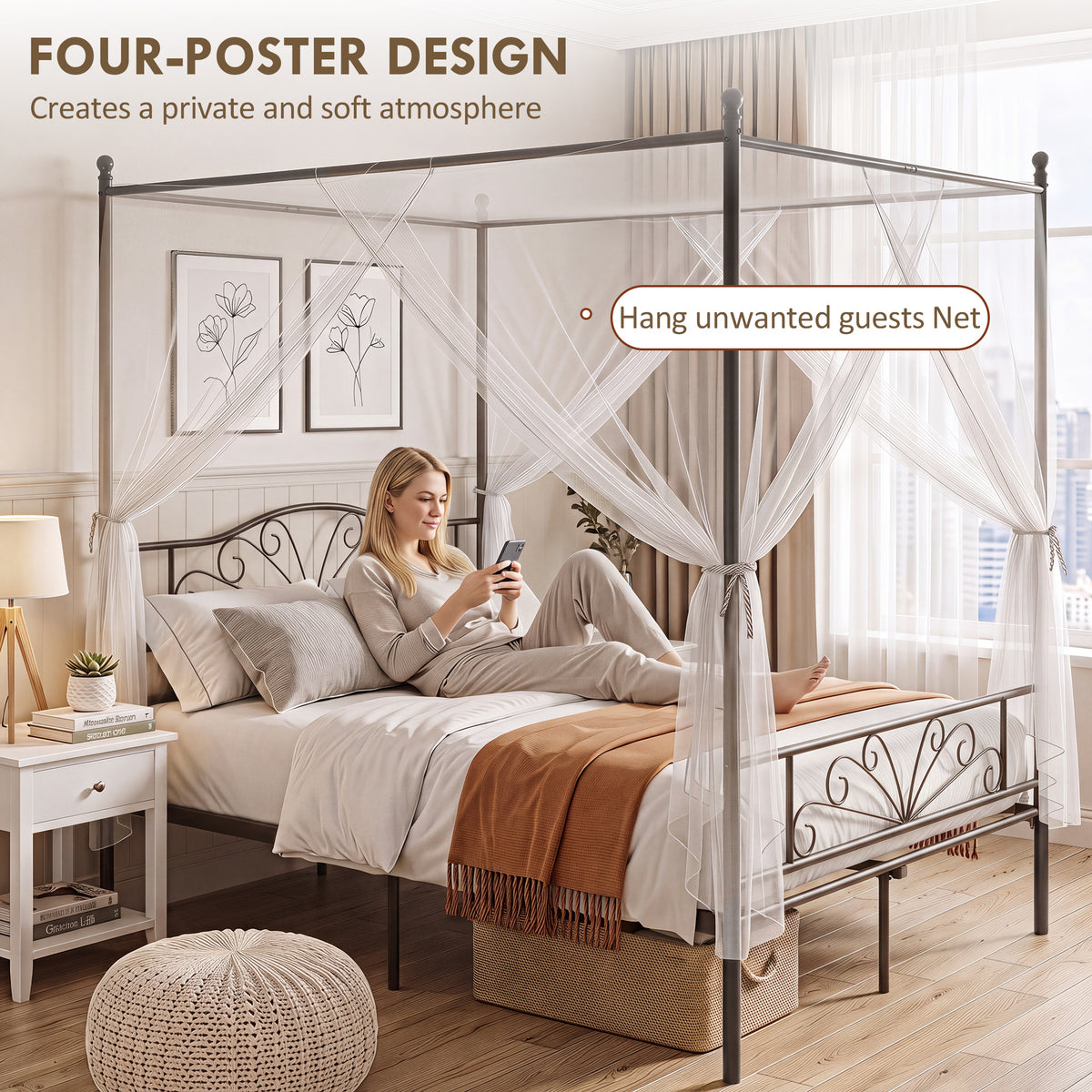 King Size Four-Poster Canopy Bed Frame | Headboard & Footboard | EVA-Padded Centre Bar | 12 Slats | 6 Legs | 29cm Under-Bed | 240kg | Mosquito Net Posts | 155.5x207x191cm | Black / White