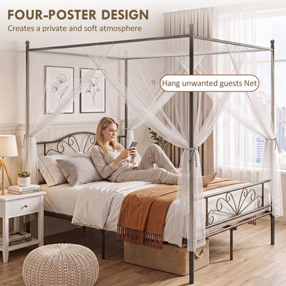 King Size Four-Poster Canopy Bed Frame | Headboard & Footboard | EVA-Padded Centre Bar | 12 Slats | 6 Legs | 29cm Under-Bed | 240kg | Mosquito Net Posts | 155.5x207x191cm | Black / White