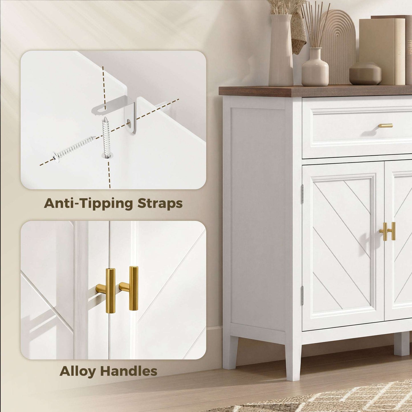Modern Sideboard | 3 Doors & 2 Drawers | 3-Position Adjustable Shelves | Gold Alloy Handles | Anti-Tipping Straps | Water-Resistant | 75kg Capacity | 110x35x80.5cm | White & Brown Wood Effect