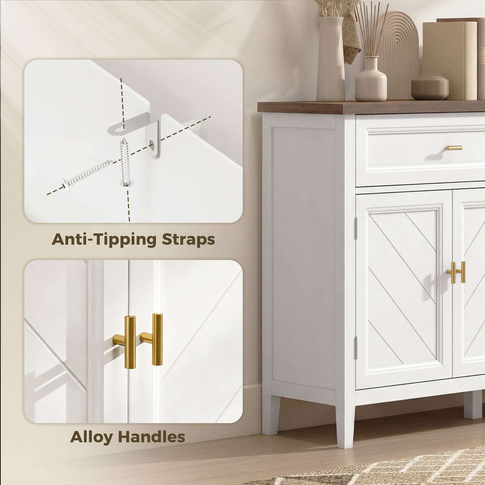 Modern Sideboard | 3 Doors & 2 Drawers | 3-Position Adjustable Shelves | Gold Alloy Handles | Anti-Tipping Straps | Water-Resistant | 75kg Capacity | 110x35x80.5cm | White & Brown Wood Effect