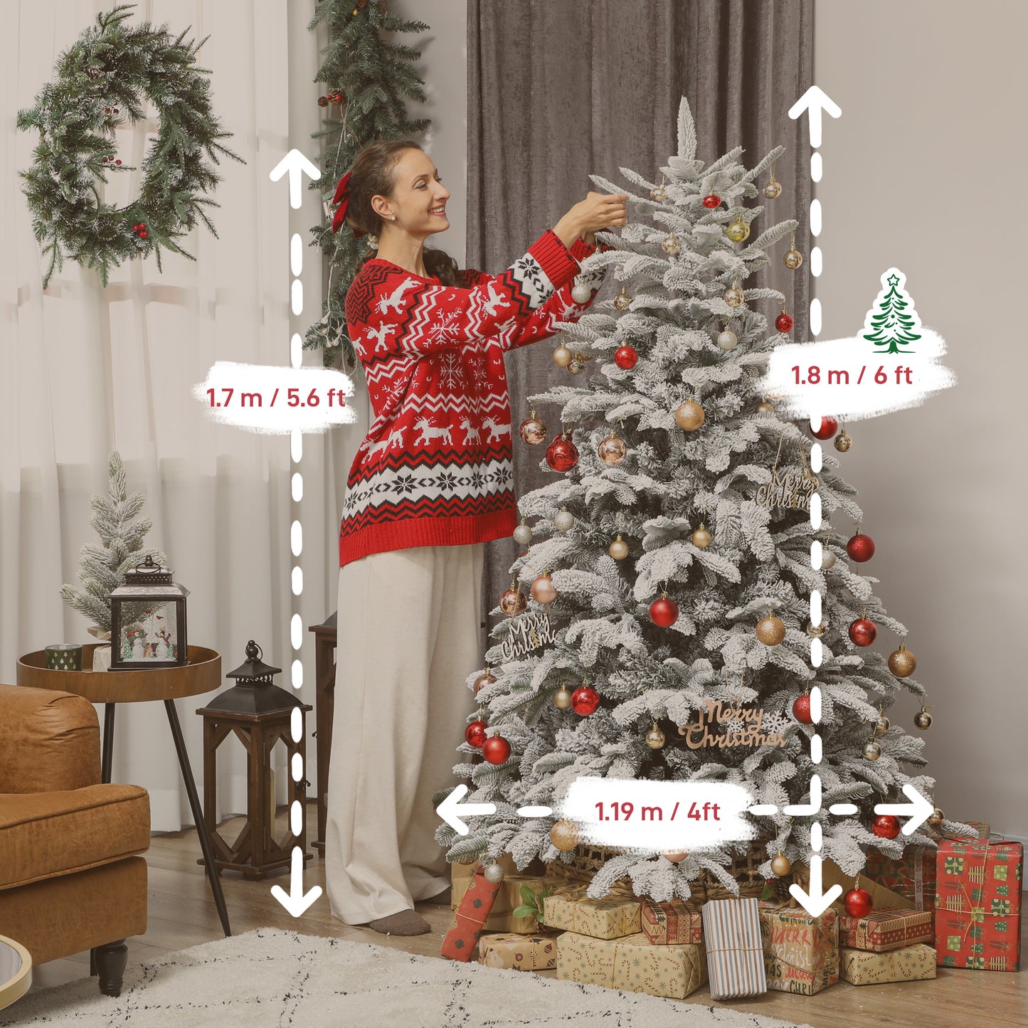 6 ft Artificial Flocked Christmas Tree with 1182 Branches, Hinged Xmas Tree with Foldable Metal Stand, Easy Assembly for Home Office Decor