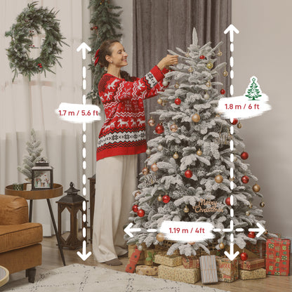 6 ft Artificial Flocked Christmas Tree with 1182 Branches, Hinged Xmas Tree with Foldable Metal Stand, Easy Assembly for Home Office Decor