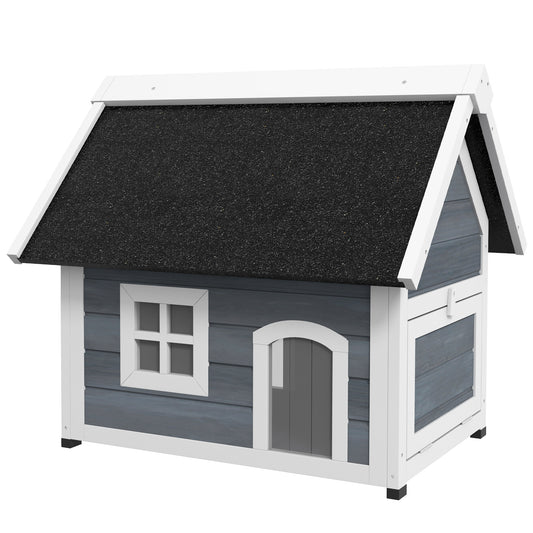 PawHut Outdoor Cat House, Wooden Feral Cat Shelter Waterproof Hide House with Openable Asphalt Roof and Three Doors, 77 x 57.5 x 68cm, Grey