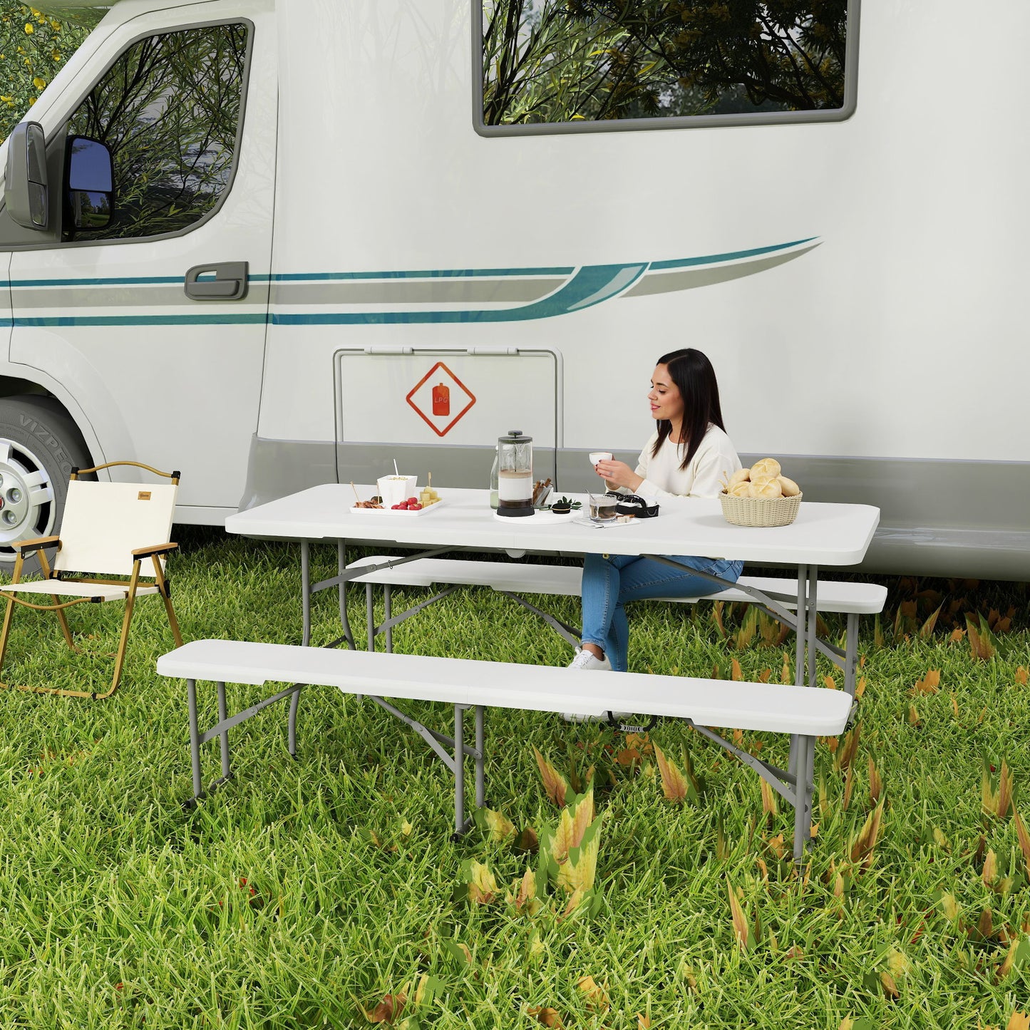3 Piece 6ft Folding Picnic Table and Bench Set, Portable HDPE Camping Table and Chairs with Carrying Handles for Indoor Outdoor, Dining, Camping