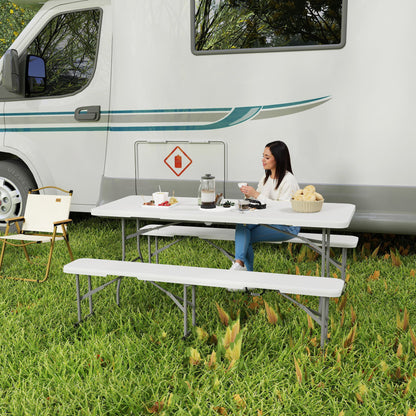 3 Piece 6ft Folding Picnic Table and Bench Set, Portable HDPE Camping Table and Chairs with Carrying Handles for Indoor Outdoor, Dining, Camping