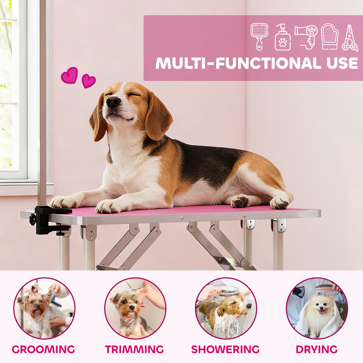 Foldable Dog Grooming Table | Non-Slip Rubber Top | Adjustable Arm 20-60cm | 20kg | Pink