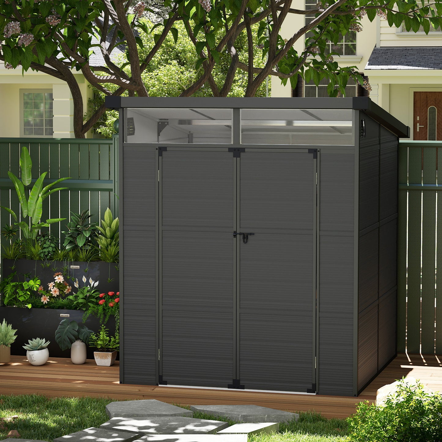 6 x 6ft Outdoor Storage Shed, Plastic Garden Shed with Windows and Air Vents, Outdoor Resin Tool Shed with Latch Doors for Garden, Deck