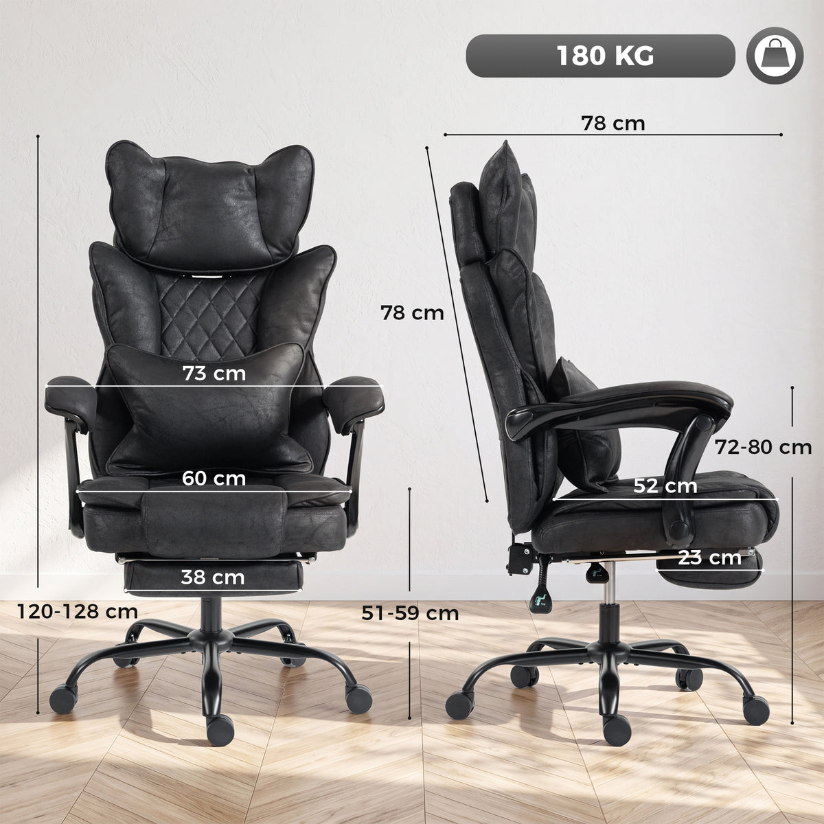 Executive Office Chair | Leathaire | 13cm Spring-Core Seat | 135° Recline & Pull-Out Footrest | Linkage Armrests | Lumbar Pillow | Adjustable Headrest | Fire-Retardant | 180kg | Up to 190cm | Black / Grey