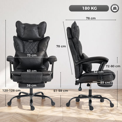 Executive Office Chair | Leathaire | 13cm Spring-Core Seat | 135° Recline & Pull-Out Footrest | Linkage Armrests | Lumbar Pillow | Adjustable Headrest | Fire-Retardant | 180kg | Up to 190cm | Black / Grey