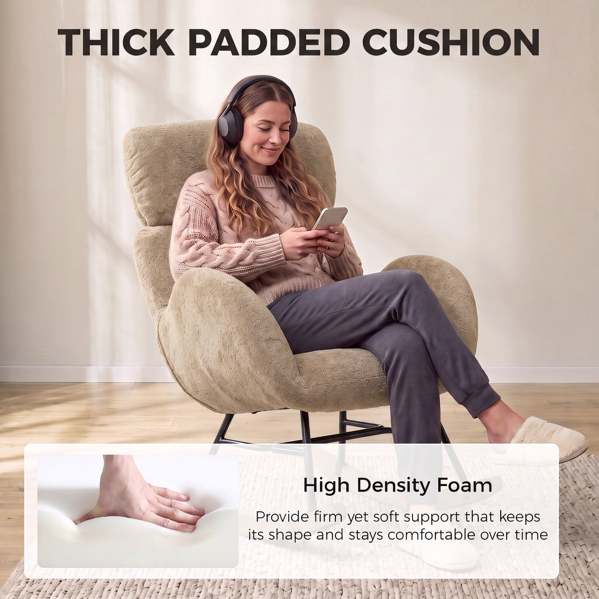 Upholstered Rocking Chair with 8cm Adjustable Headrest | 105° Rocking Motion | Raindrop Velvet High-Density Foam | Steel Plywood Frame Rubberwood Legs | 120kg Capacity | BS5852 | Light Brown | 71x90x100cm | Assembly Required