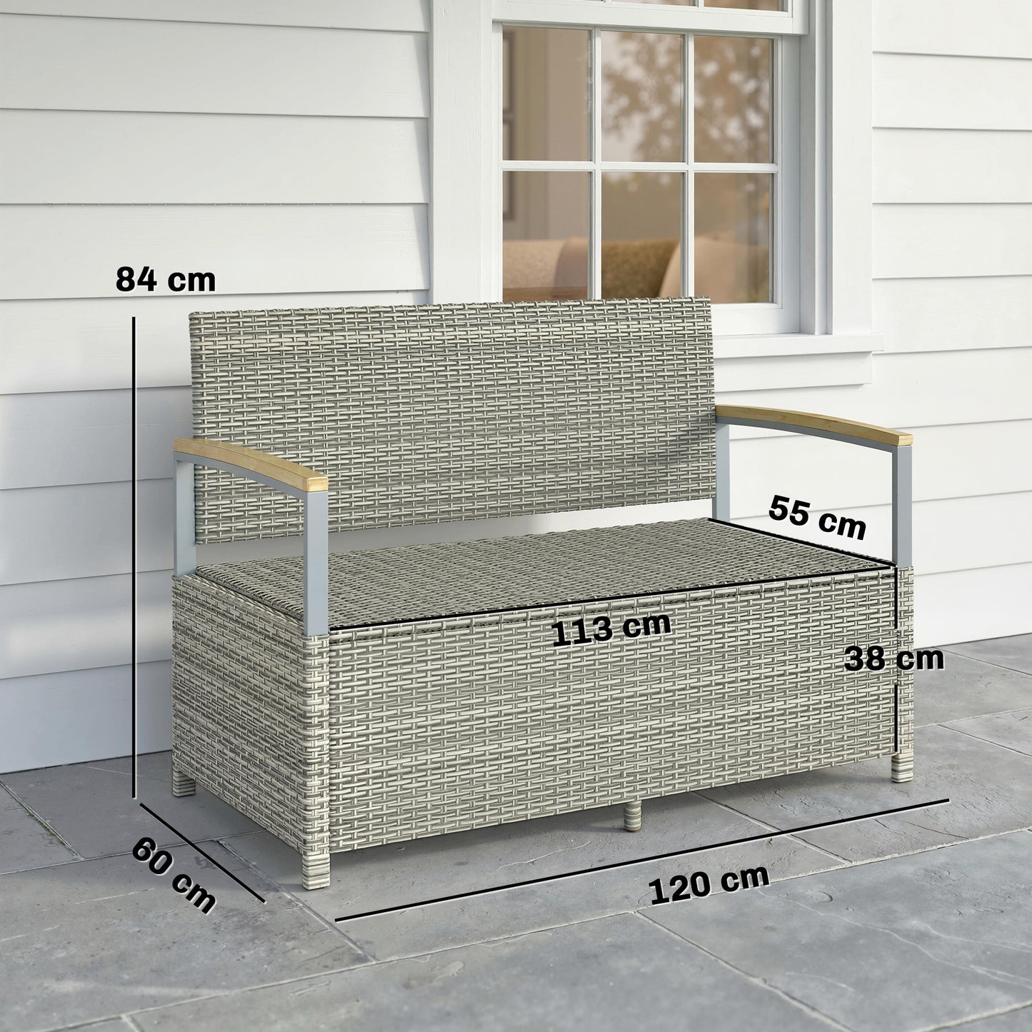 2-Seater Rattan Garden Storage Bench | 144L Hidden Storage | Gas Strut Lid | Zipped Liner | Acacia Wood Armrests | Washable Cushion | 300kg Capacity | 120 x 60 x 84cm | Light Grey