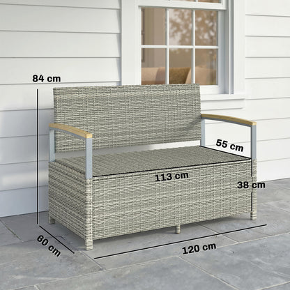 2-Seater Rattan Garden Storage Bench | 144L Hidden Storage | Gas Strut Lid | Zipped Liner | Acacia Wood Armrests | Washable Cushion | 300kg Capacity | 120 x 60 x 84cm | Light Grey