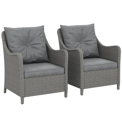 Outsunny Rattan Garden Chairs Set of 2, Outdoor Rattan Chairs with Cushions, Armrests and High Back, PE Wicker Garden Armchair with Steel Frame for Balcony, Porch