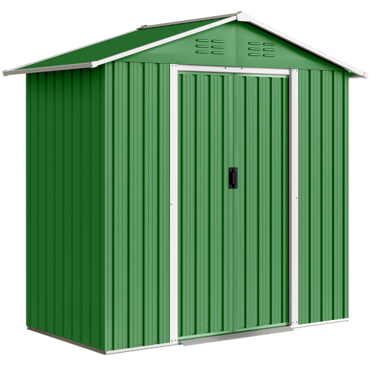 Galvanised Steel Garden Storage Shed | Double Sliding Lockable Door | 4 Vents | Sloped Roof | Steel Tile Roof & Walls | 194x107x191cm | 1.8m² | Green