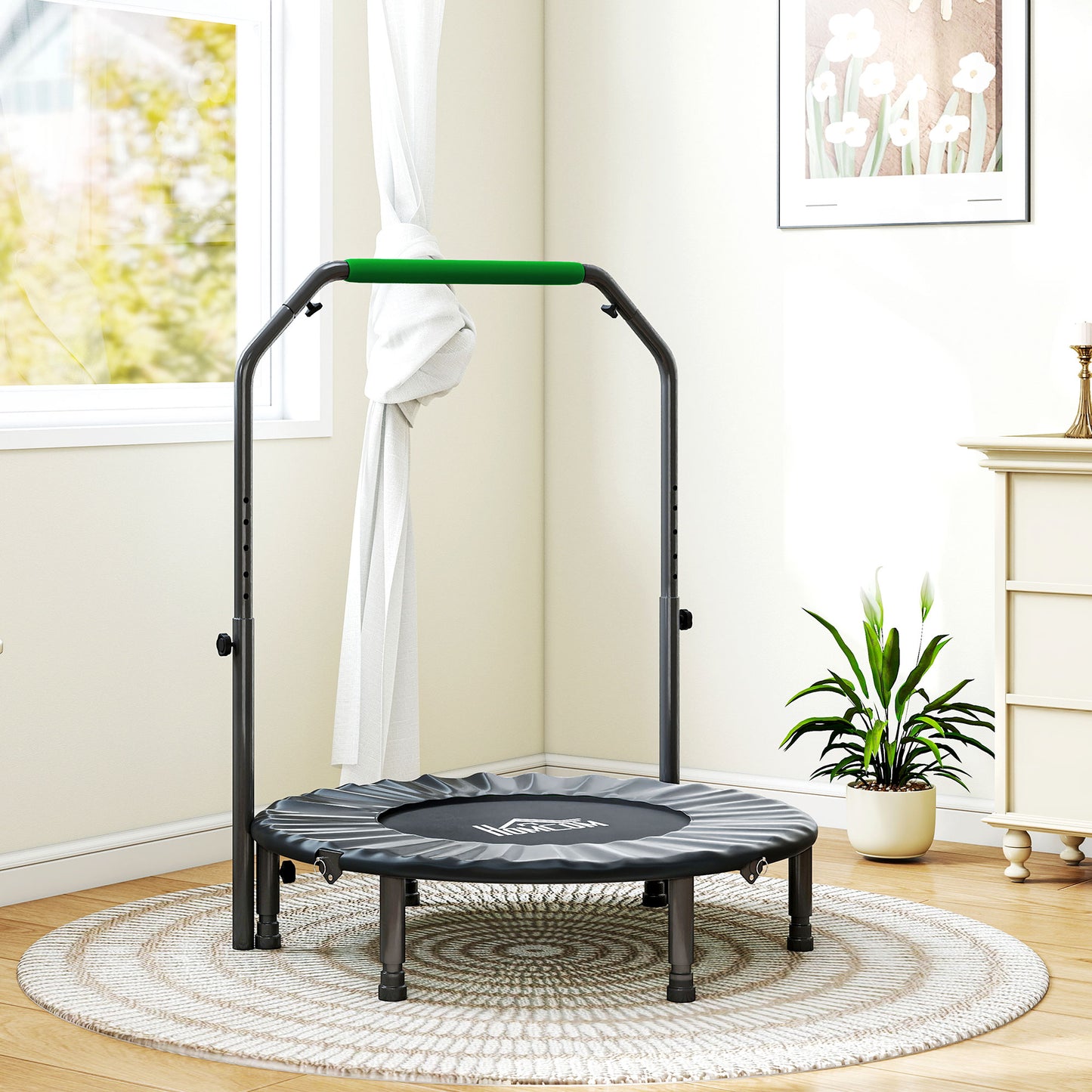 40" Foldable Mini Fitness Trampoline, with Adjustable Foam Handle, Green