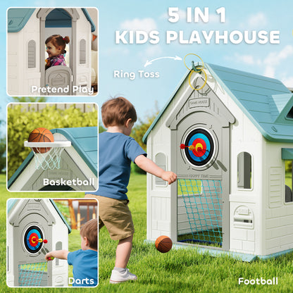 AIYAPLAY 5-in-1 Playhouse for Kids Outdoor Indoor with Basketball Hoop, Football Goal, Dartboard, Ring Toss for 2-5 Years, Beige / Pink