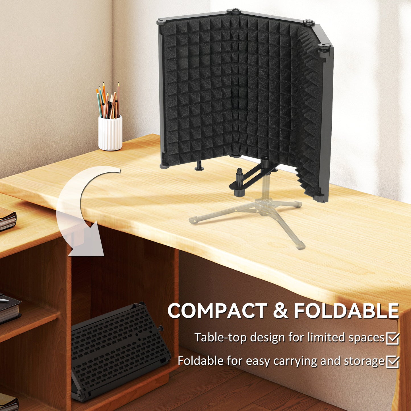 Studio Microphone Isolation Shield, Foldable Adjustable Recording Studio Equipment, 3-Panel High Density Absorbent Foam Shield with 3/8" Threaded Mount, Black