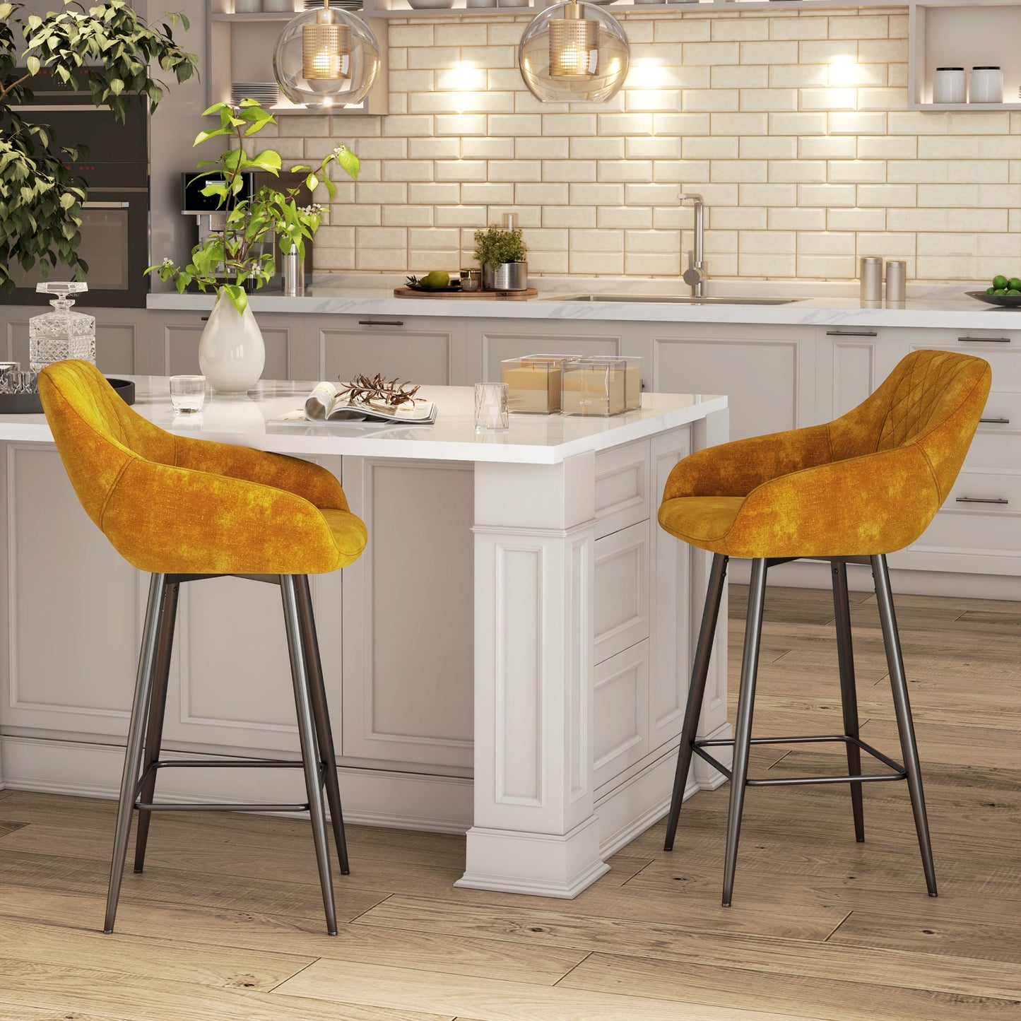 Retro Style Set of Two Velvet-Feel Bar Stools - Brown