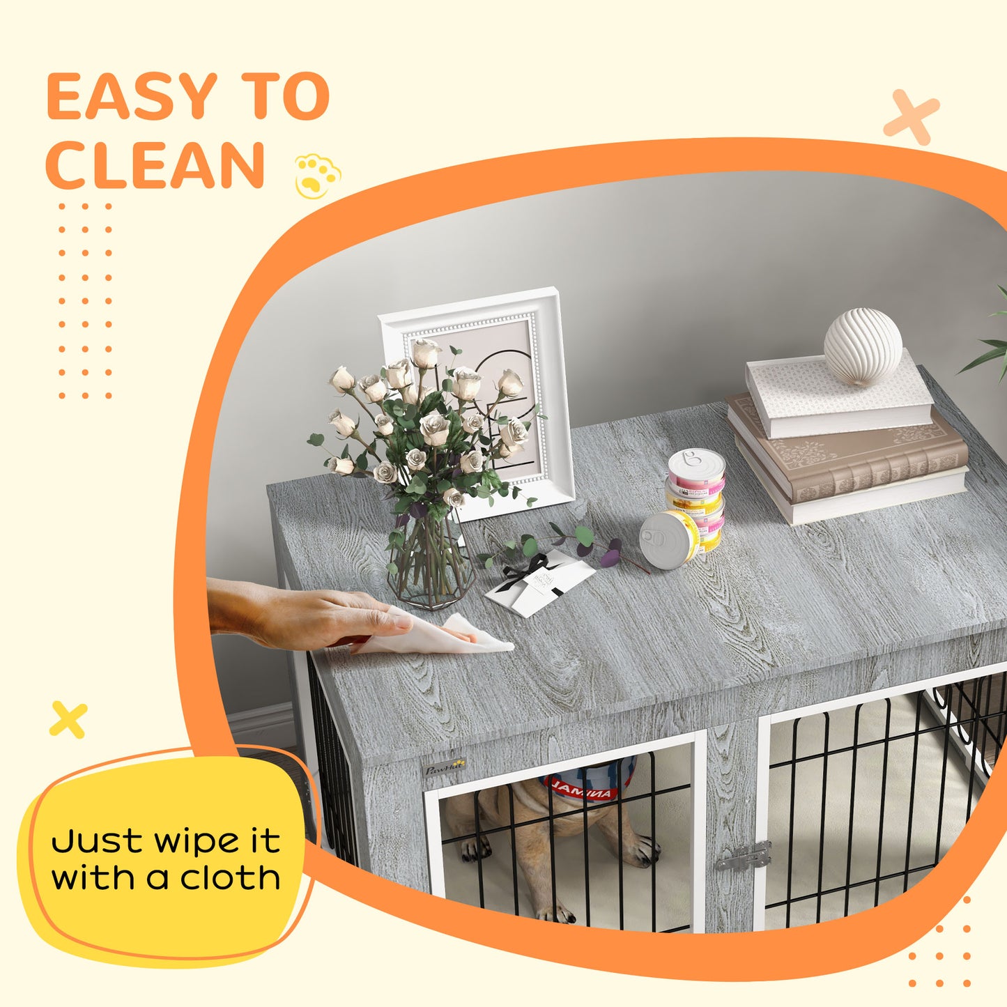 PawHut Dog Crate Furniture Side Table | Washable Cushion | Double Doors | Medium & Large Dogs up to 25kg | 90 x 58 x 65cm | Grey