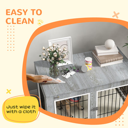 PawHut Dog Crate Furniture Side Table | Washable Cushion | Double Doors | Medium & Large Dogs up to 25kg | 90 x 58 x 65cm | Grey