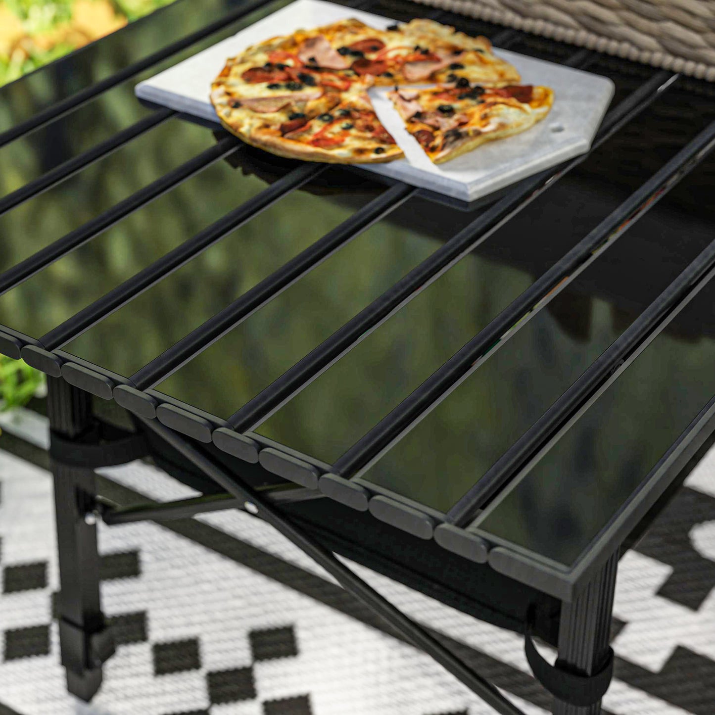 Folding Camping Table, 90 x 55 cm Height Adjustable Portable Collapsible Table, 3ft Lightweight Aluminium Rollup Picnic Table with Storage Basket