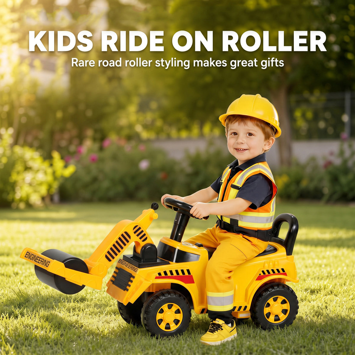 AIYAPLAY Kids Ride-On Road Roller | Foot-Powered Construction Toy | Liftable Front Drum | Horn & Under-Seat Storage | Yellow & Black | Ages 1–4