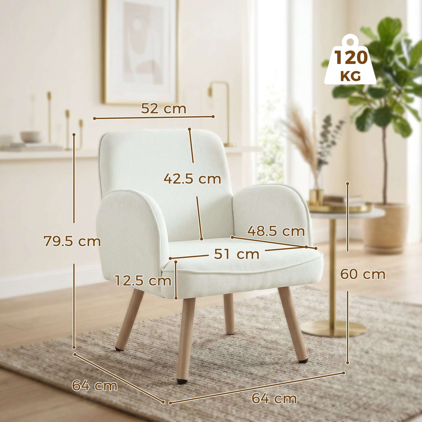 Velvet Upholstered Accent Armchair | 12.5cm Pocket Spring Seat | Carbon Steel Frame | Adjustable Feet | 120kg Capacity | 64x64x79.5cm | Cream