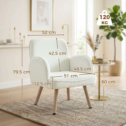 Velvet Upholstered Accent Armchair | 12.5cm Pocket Spring Seat | Carbon Steel Frame | Adjustable Feet | 120kg Capacity | 64x64x79.5cm | Cream